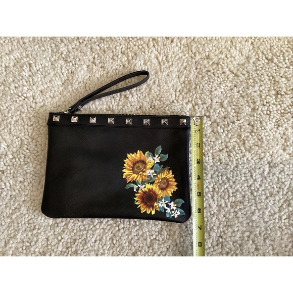 White House Black Market  Studded Black Faux Leather Sunflower Wristlet - Picture 2 of 6